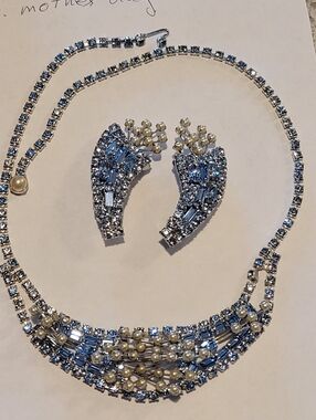 Silver-Tone Blue Crystal and Pearl Necklace with Matching Earrings
